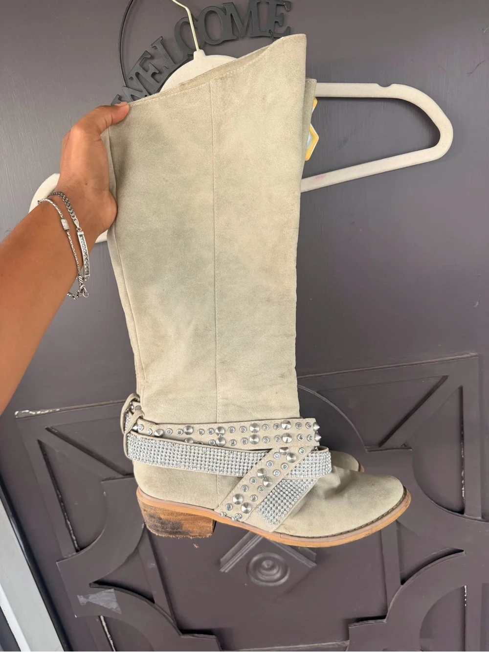 Not Rated Light Taupe Suede Mid-Calf Boots with Studded Wrap Straps - Women's